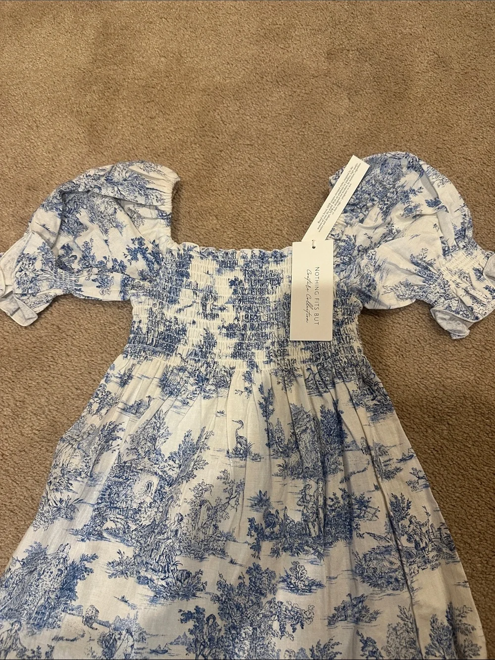 Smocked Blue Toile Puff-Sleeve Girls Dress by LoveShackFancy